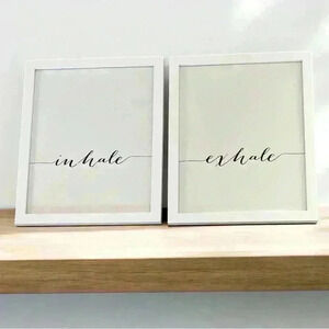 Framed artwork wall decor Inhale and Exhale white with black cursive white frame